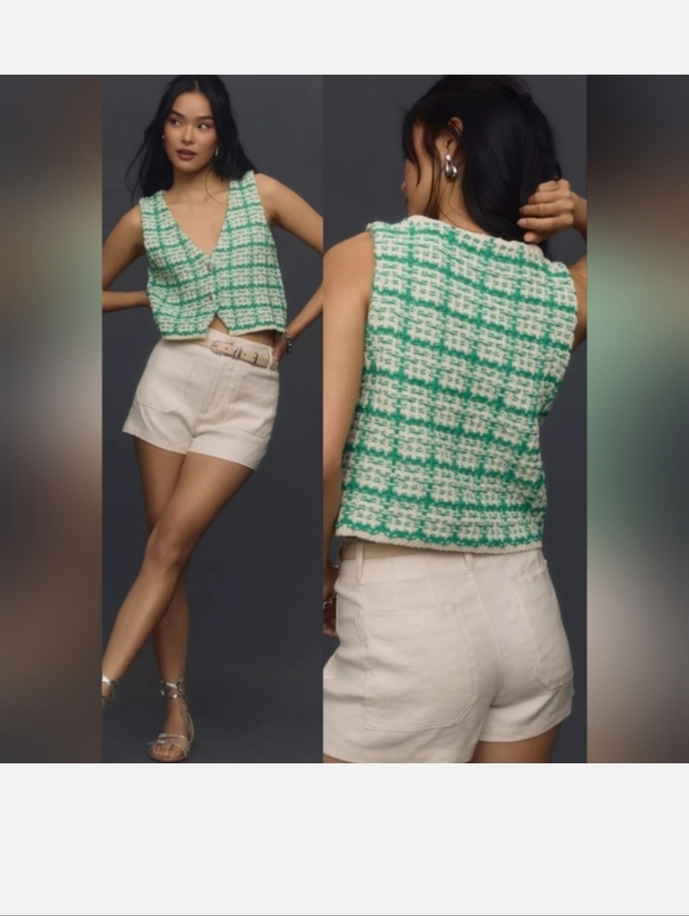 By Anthropologie Green White Plaid Tweed Knit Crop Vest Top XS #25